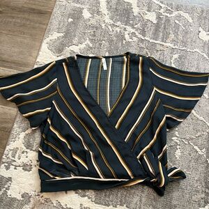 L - Xhilaration Black and Gold Striped Wrap Blouse